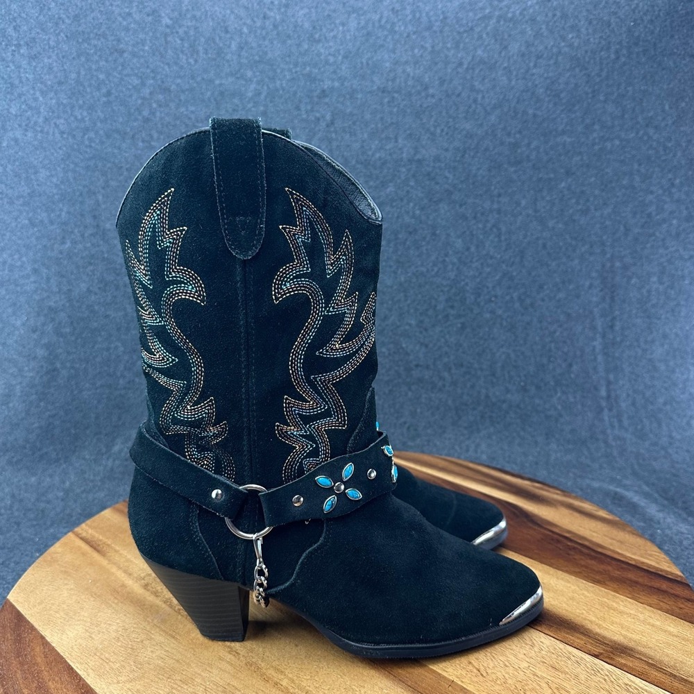 Dingo DI 640 Studded Leather Western Boot Black Suede Turquoise Detail 7M